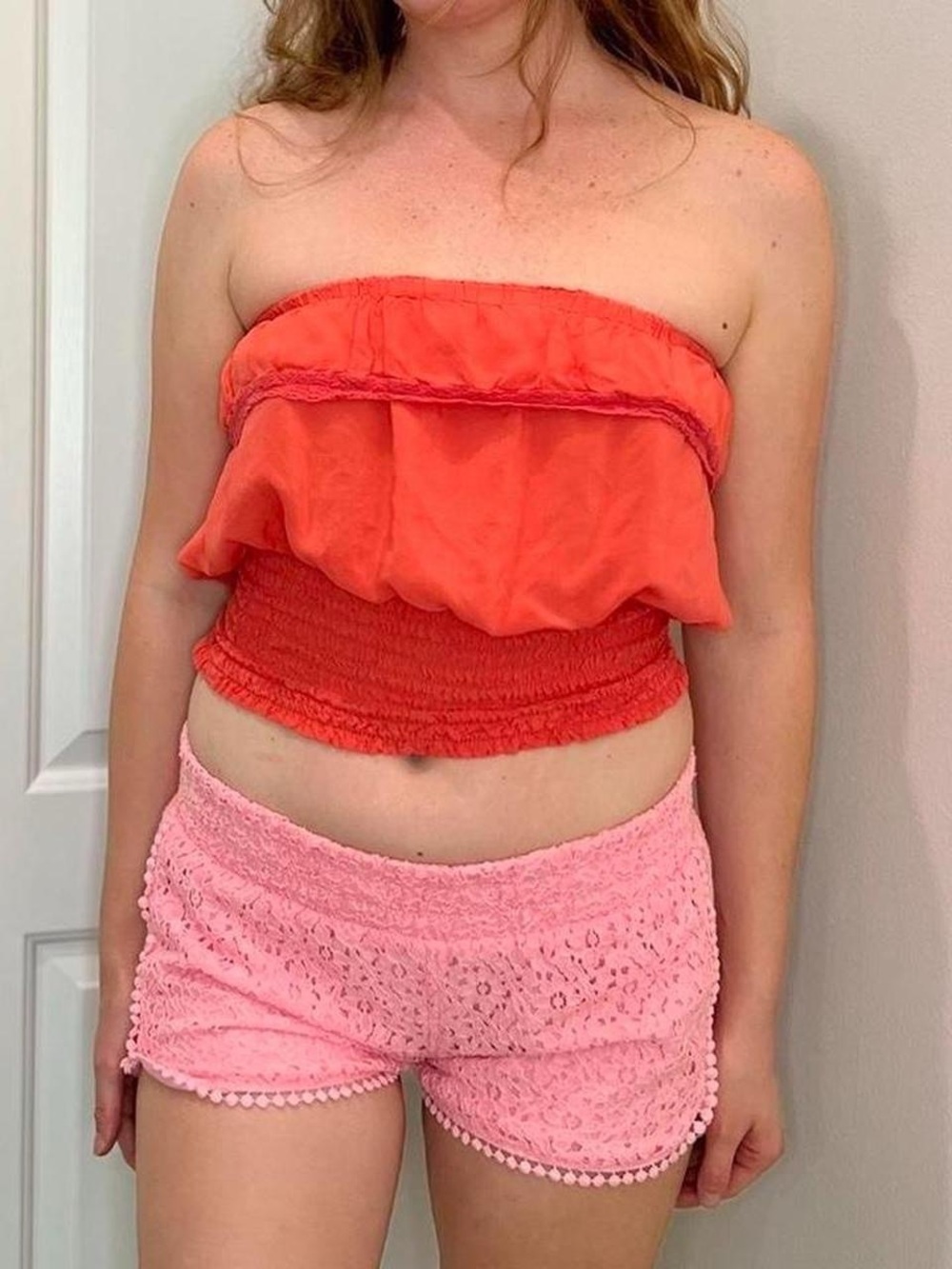 y2k pink coral shirred ruffle empire waist tube top